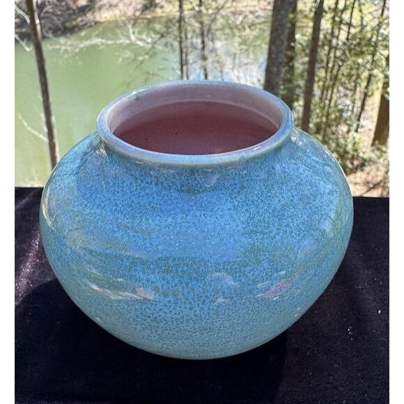 Rare 1935 Pisgah Forest Turquoise Blue & Pink Low Bowl Vase Nice! - Picture 1 of 10